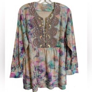 Soft Surroundings Bazille Pastel Tie Dye Sequined Boho Tunic Top